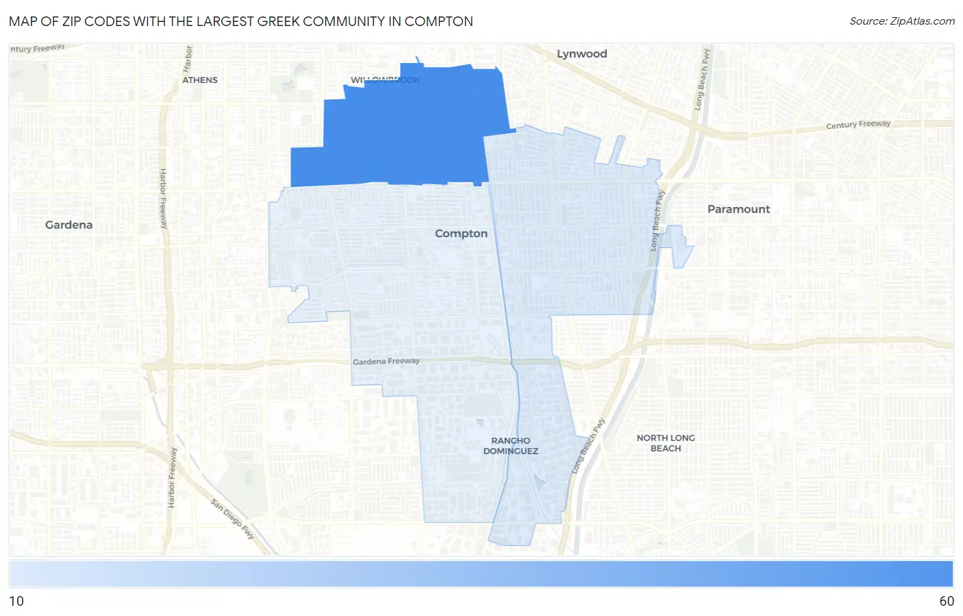 Zip Codes with the Largest Greek Community in Compton Map
