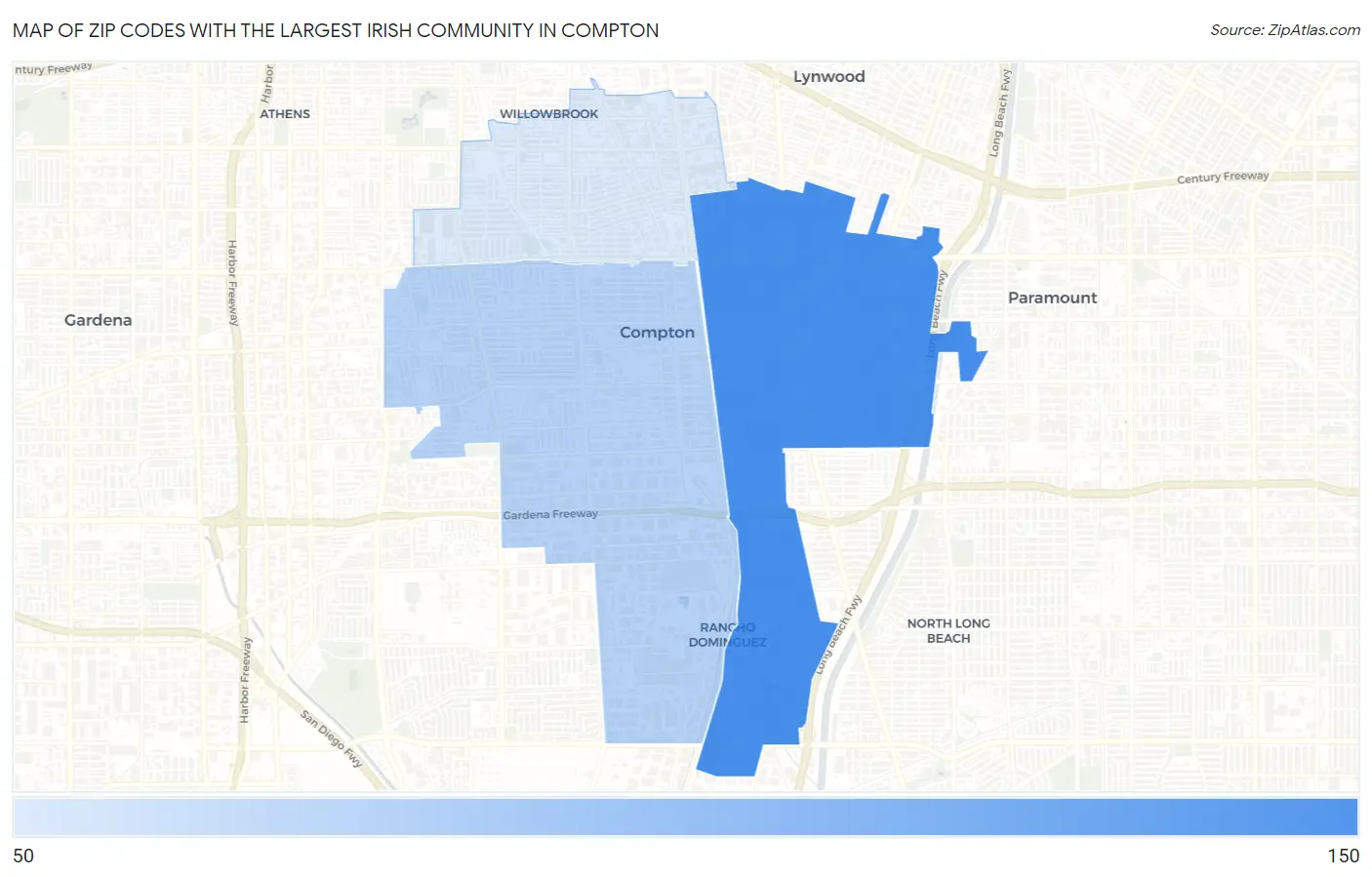 Zip Codes with the Largest Irish Community in Compton Map