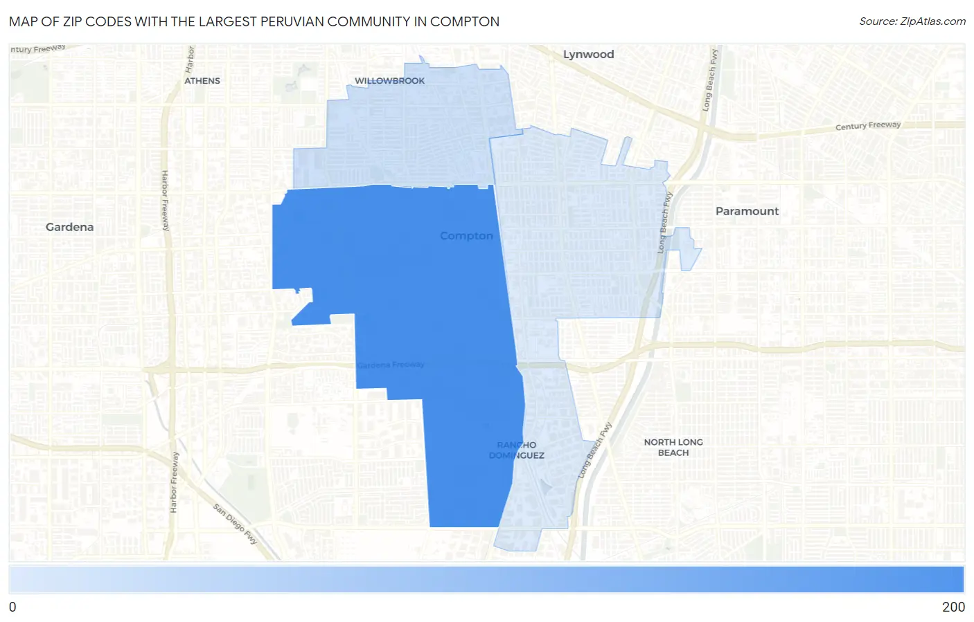 Zip Codes with the Largest Peruvian Community in Compton Map