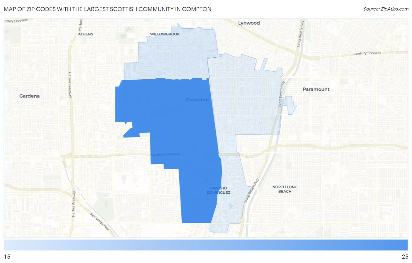 Zip Codes with the Largest Scottish Community in Compton Map