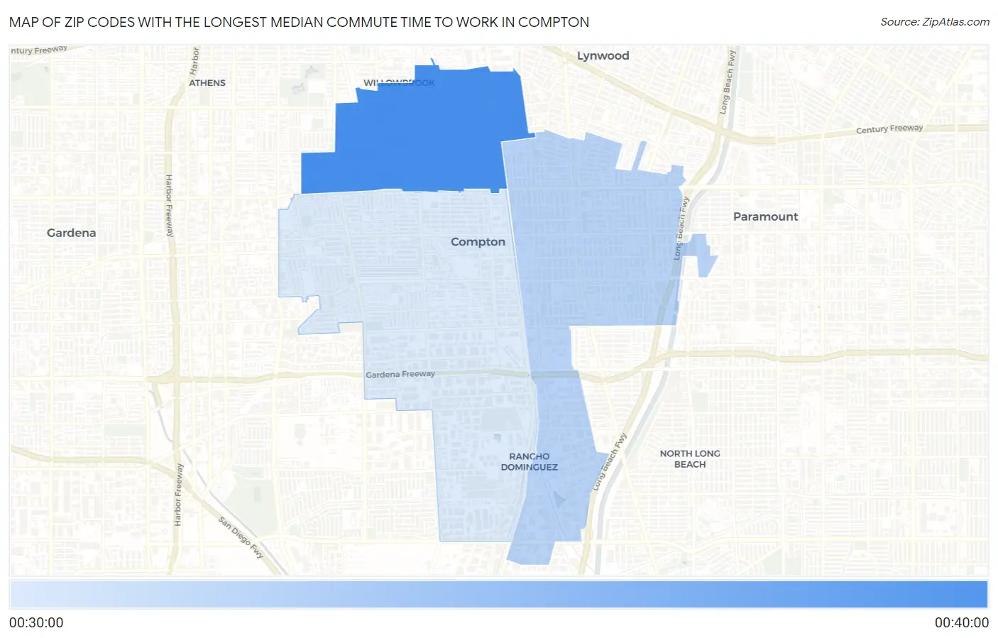 Zip Codes with the Longest Median Commute Time to Work in Compton Map