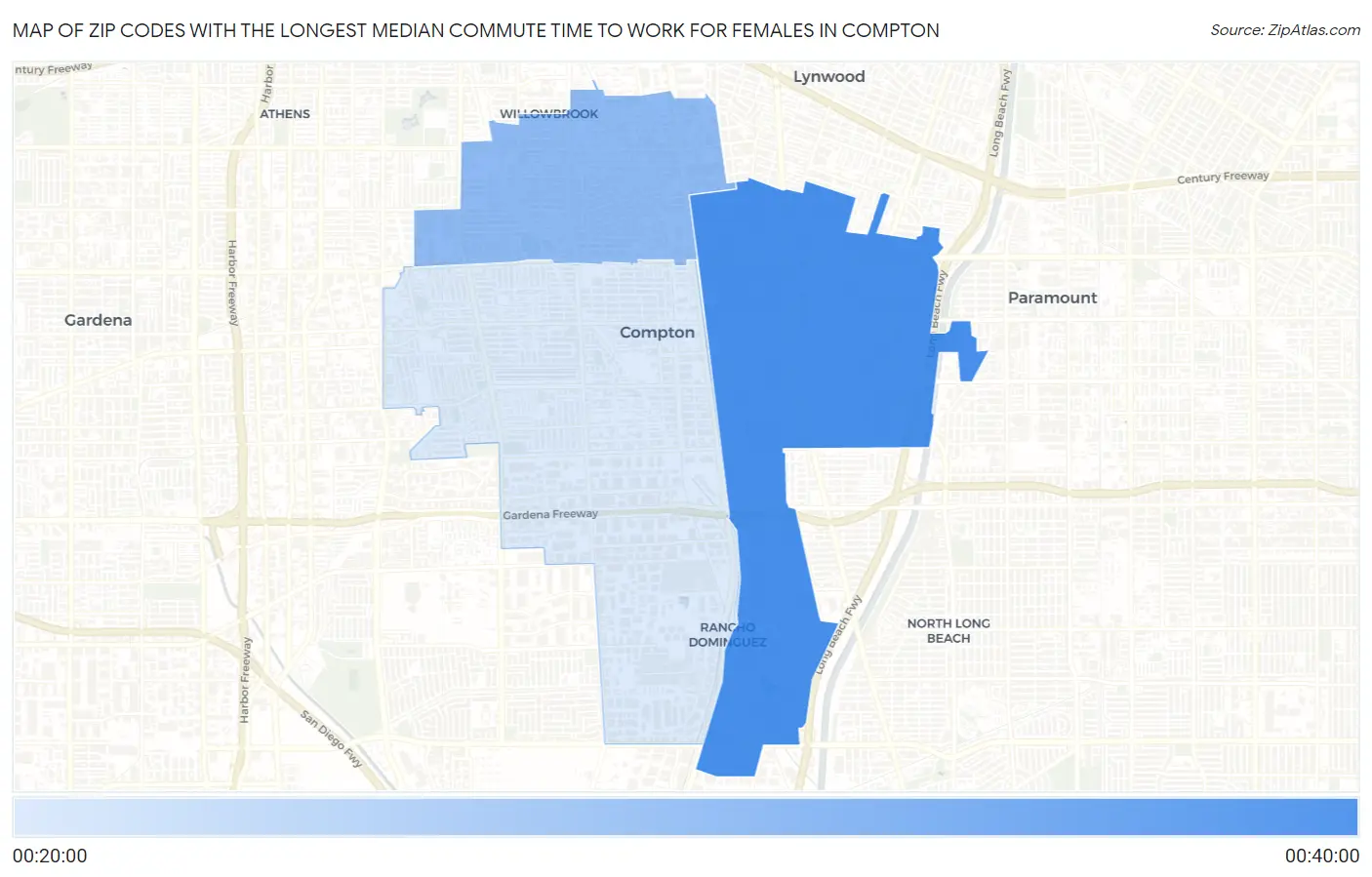 Zip Codes with the Longest Median Commute Time to Work for Females in Compton Map