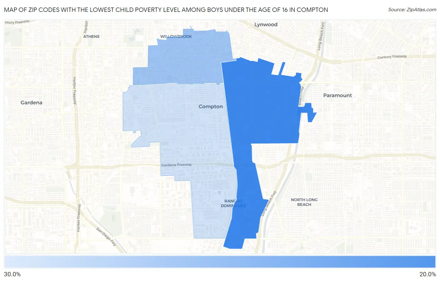 Zip Codes with the Lowest Child Poverty Level Among Boys Under the Age of 16 in Compton Map