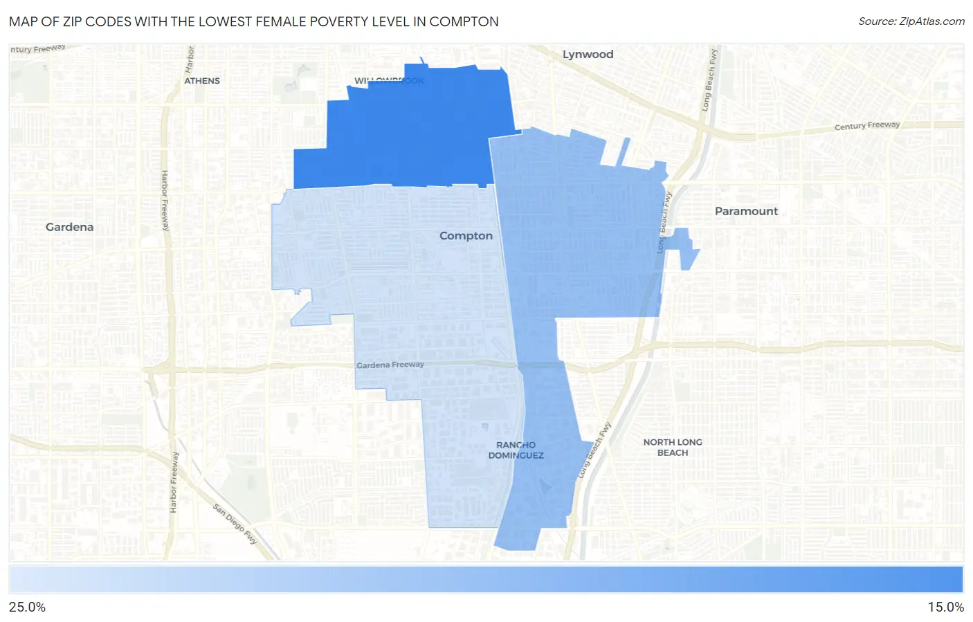 Zip Codes with the Lowest Female Poverty Level in Compton Map