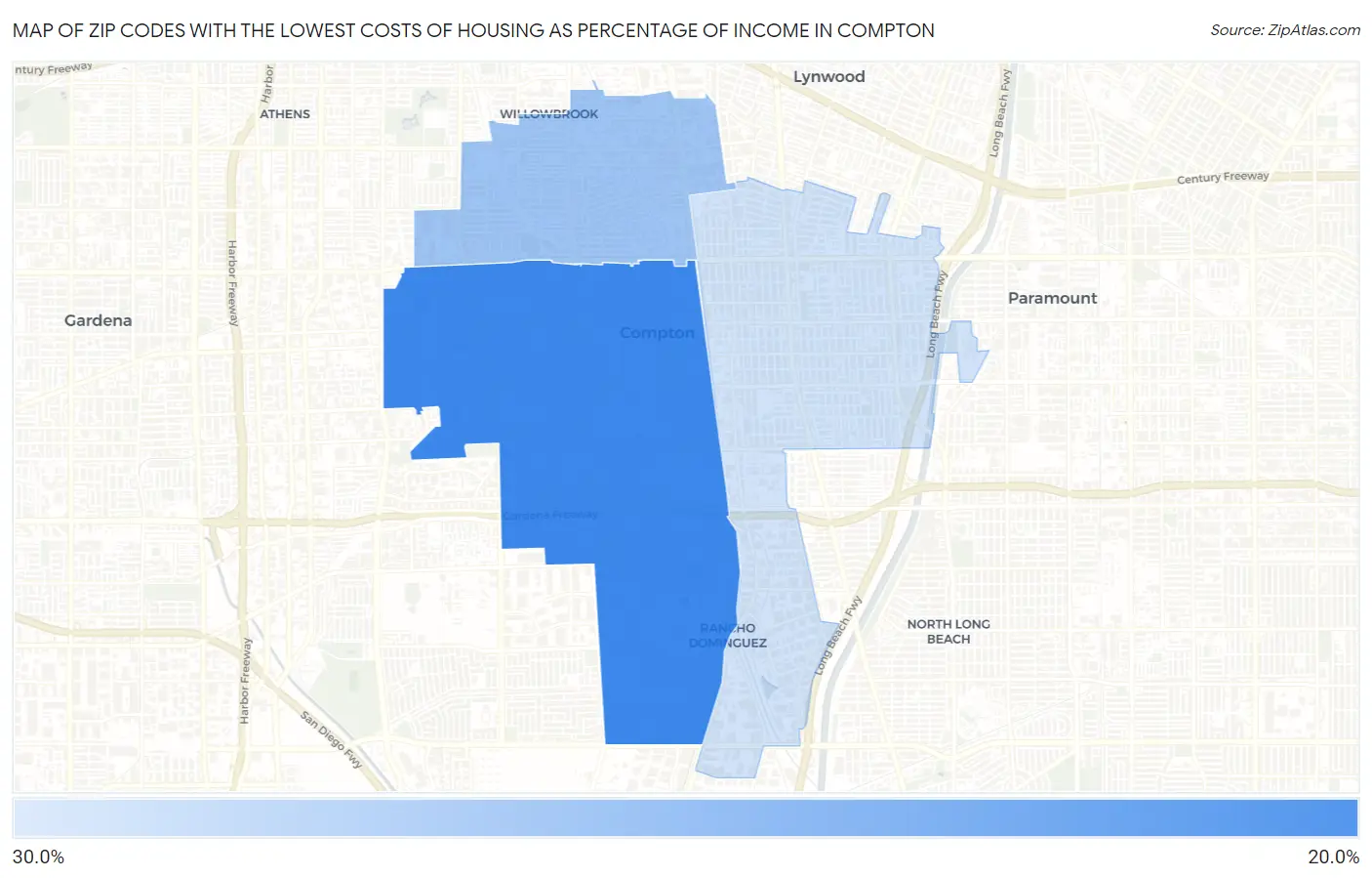 Zip Codes with the Lowest Costs of Housing as Percentage of Income in Compton Map