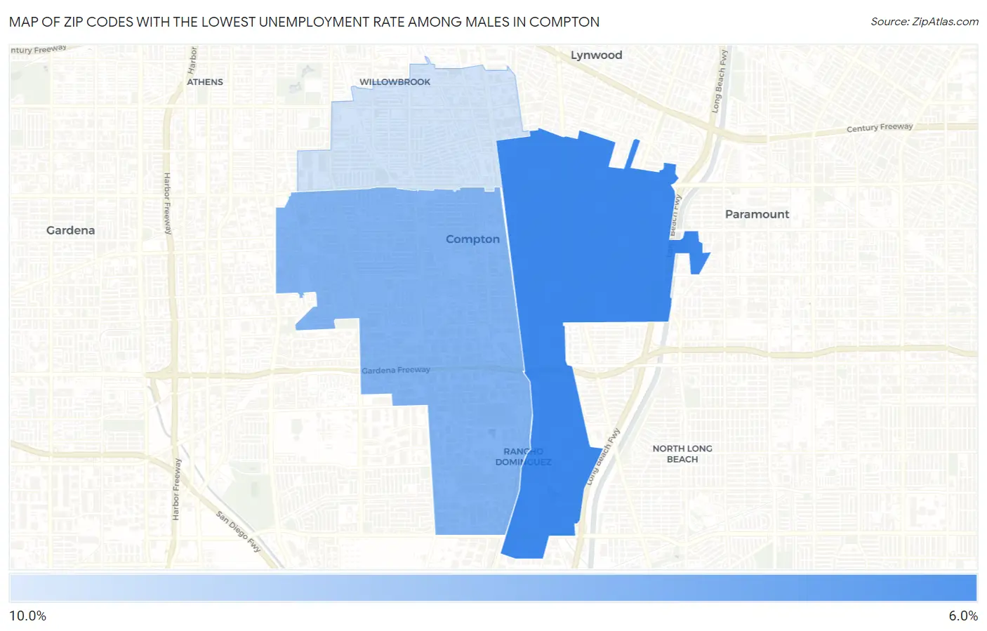 Zip Codes with the Lowest Unemployment Rate Among Males in Compton Map