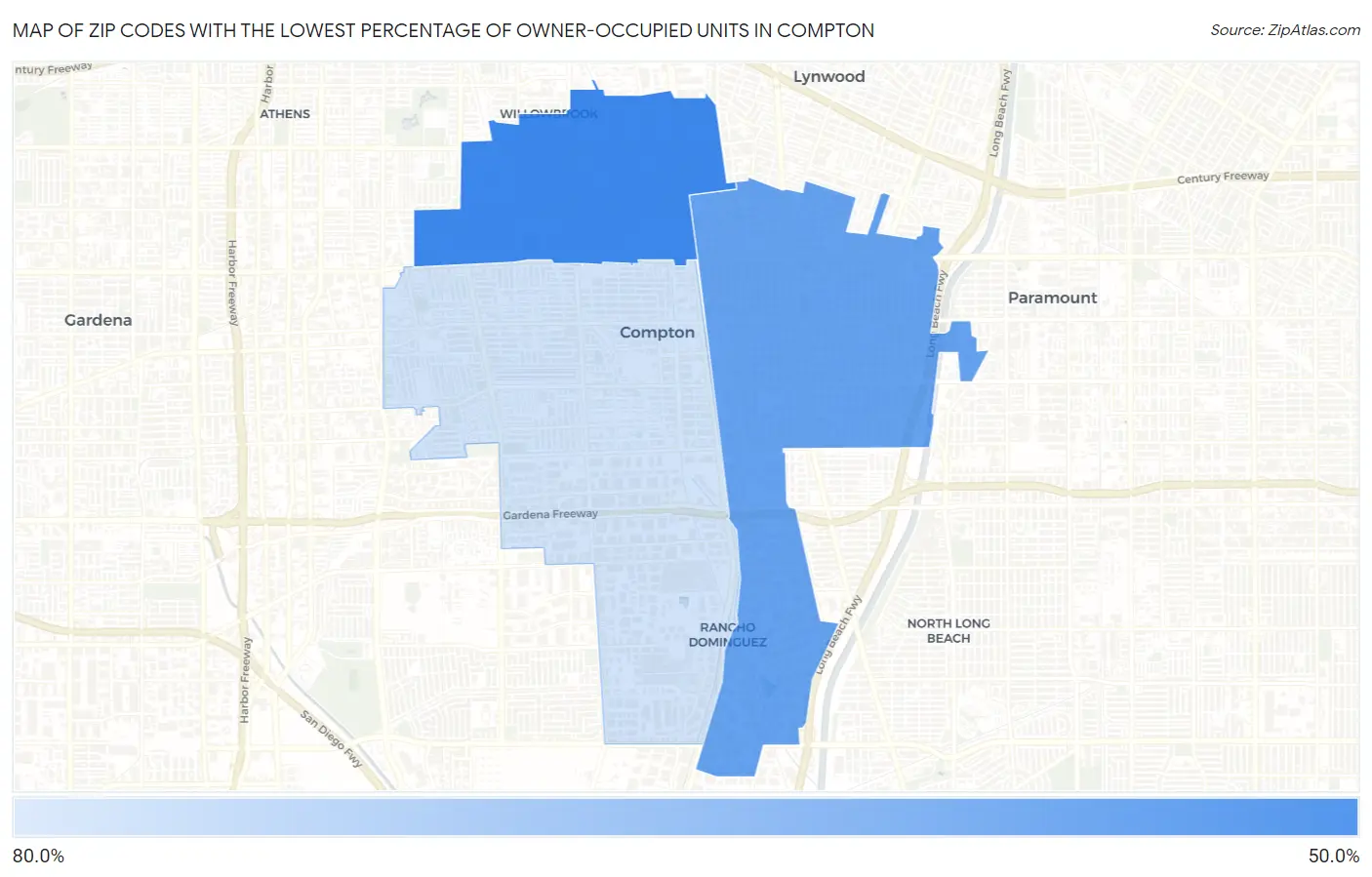 Zip Codes with the Lowest Percentage of Owner-Occupied Units in Compton Map
