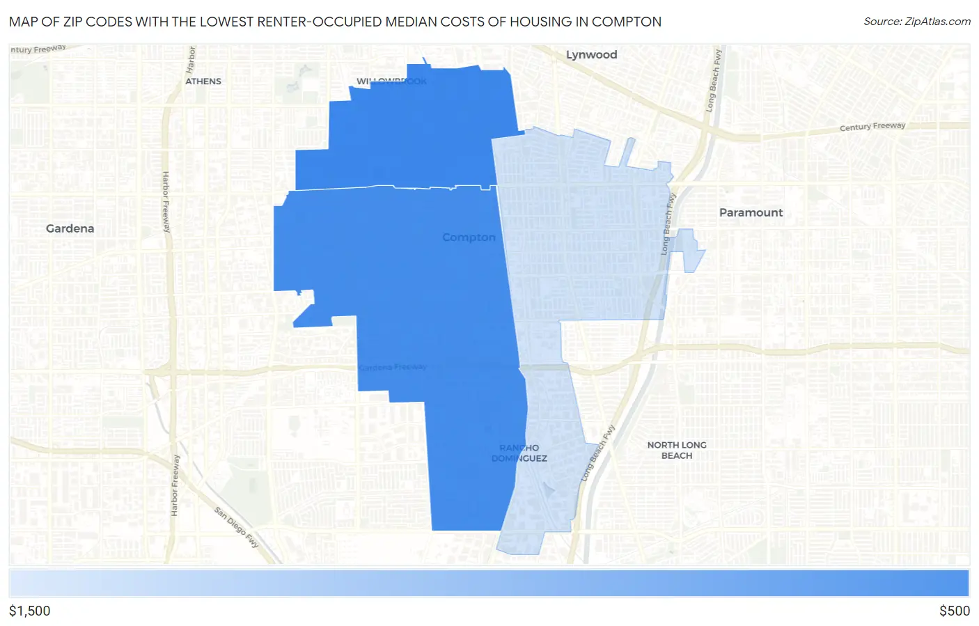 Zip Codes with the Lowest Renter-Occupied Median Costs of Housing in Compton Map