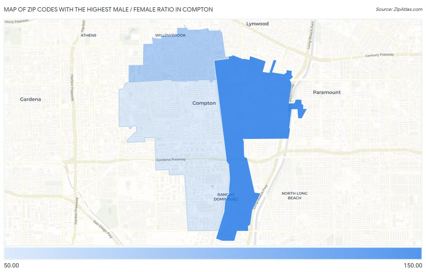 Zip Codes with the Highest Male / Female Ratio in Compton Map