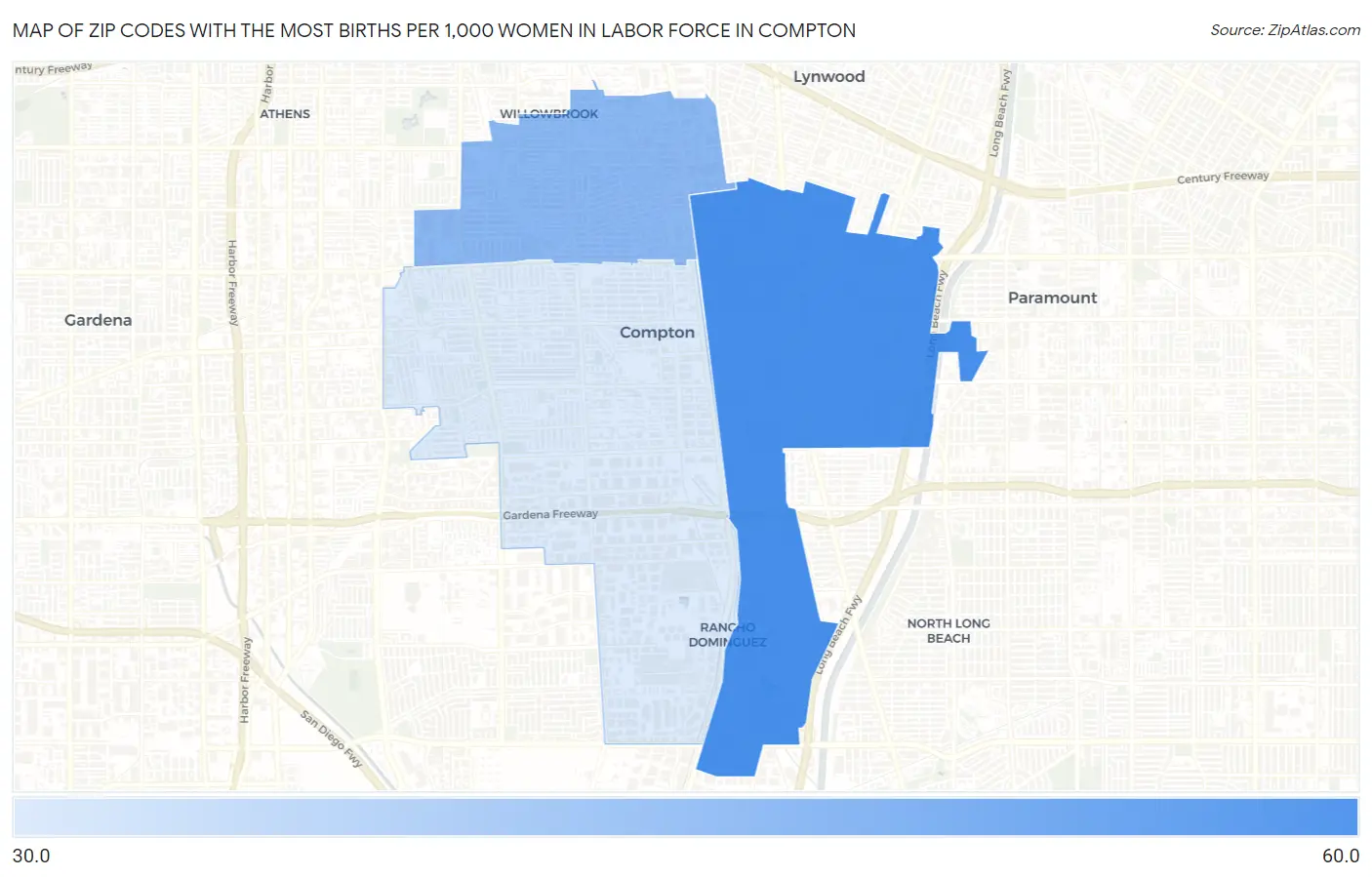 Zip Codes with the Most Births per 1,000 Women in Labor Force in Compton Map