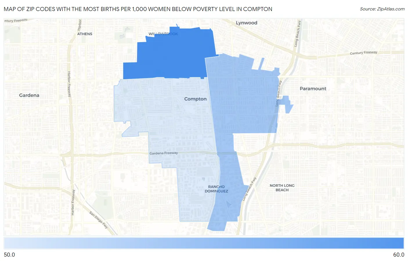 Zip Codes with the Most Births per 1,000 Women Below Poverty Level in Compton Map
