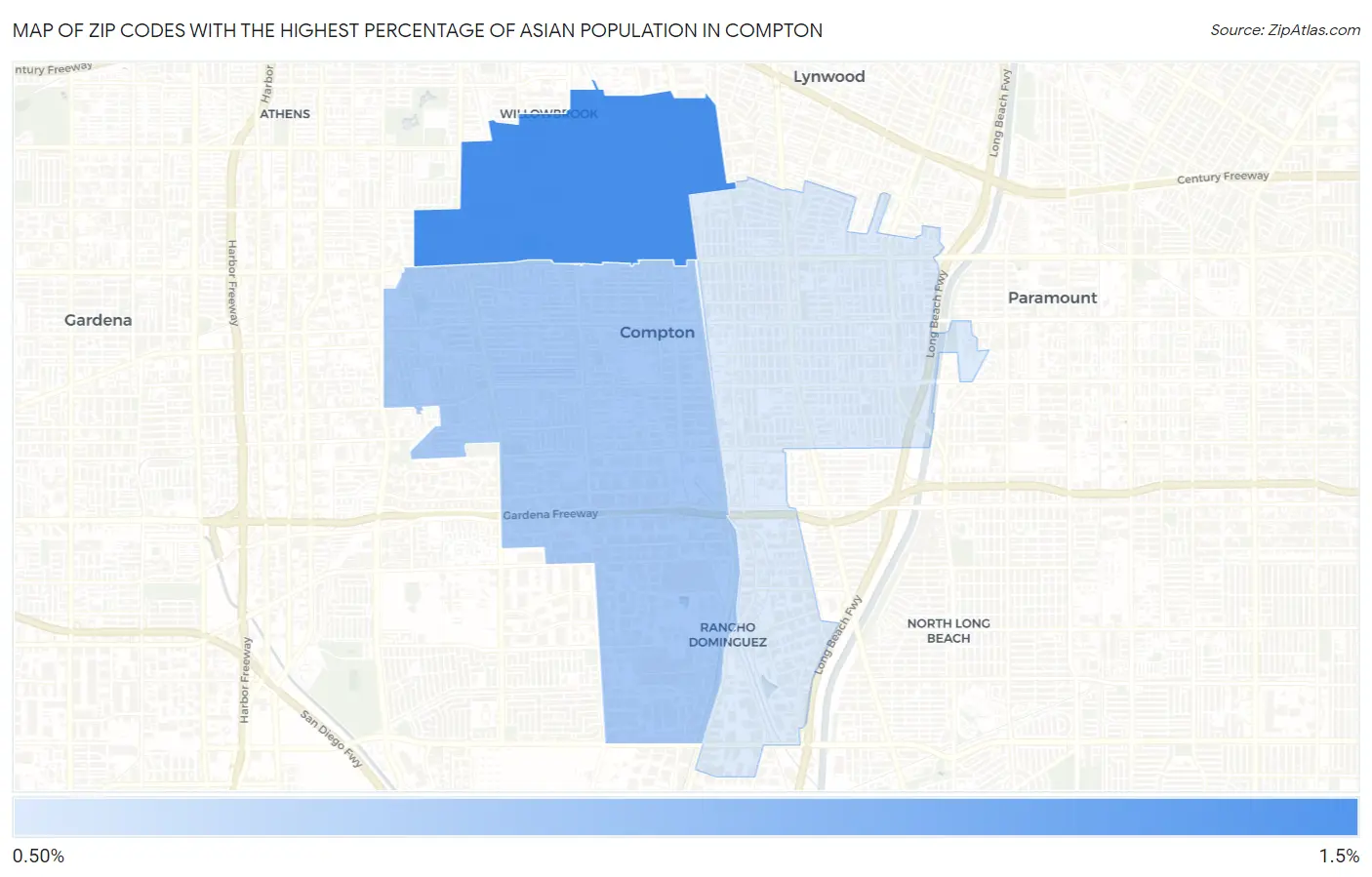 Zip Codes with the Highest Percentage of Asian Population in Compton Map