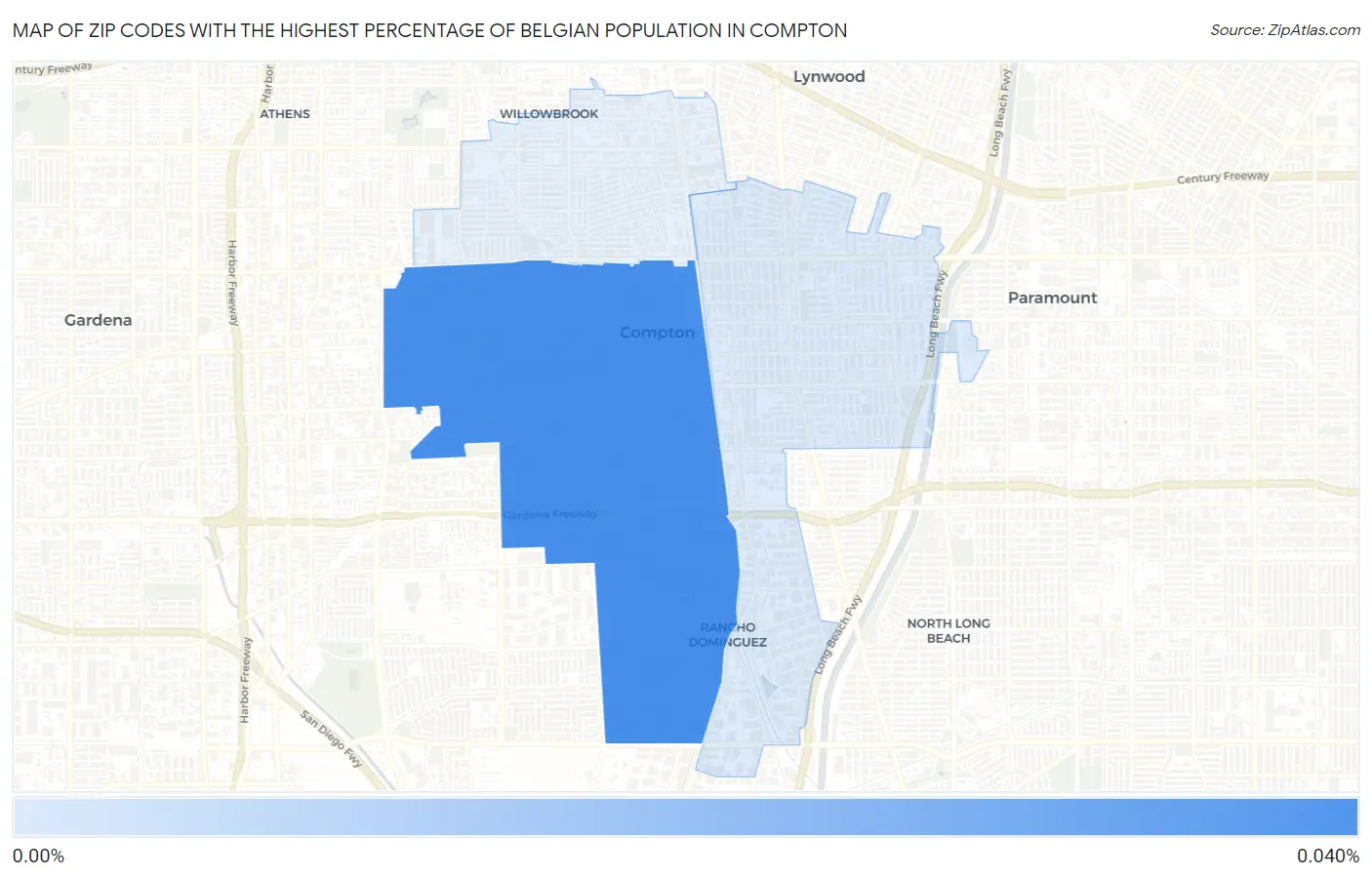 Zip Codes with the Highest Percentage of Belgian Population in Compton Map