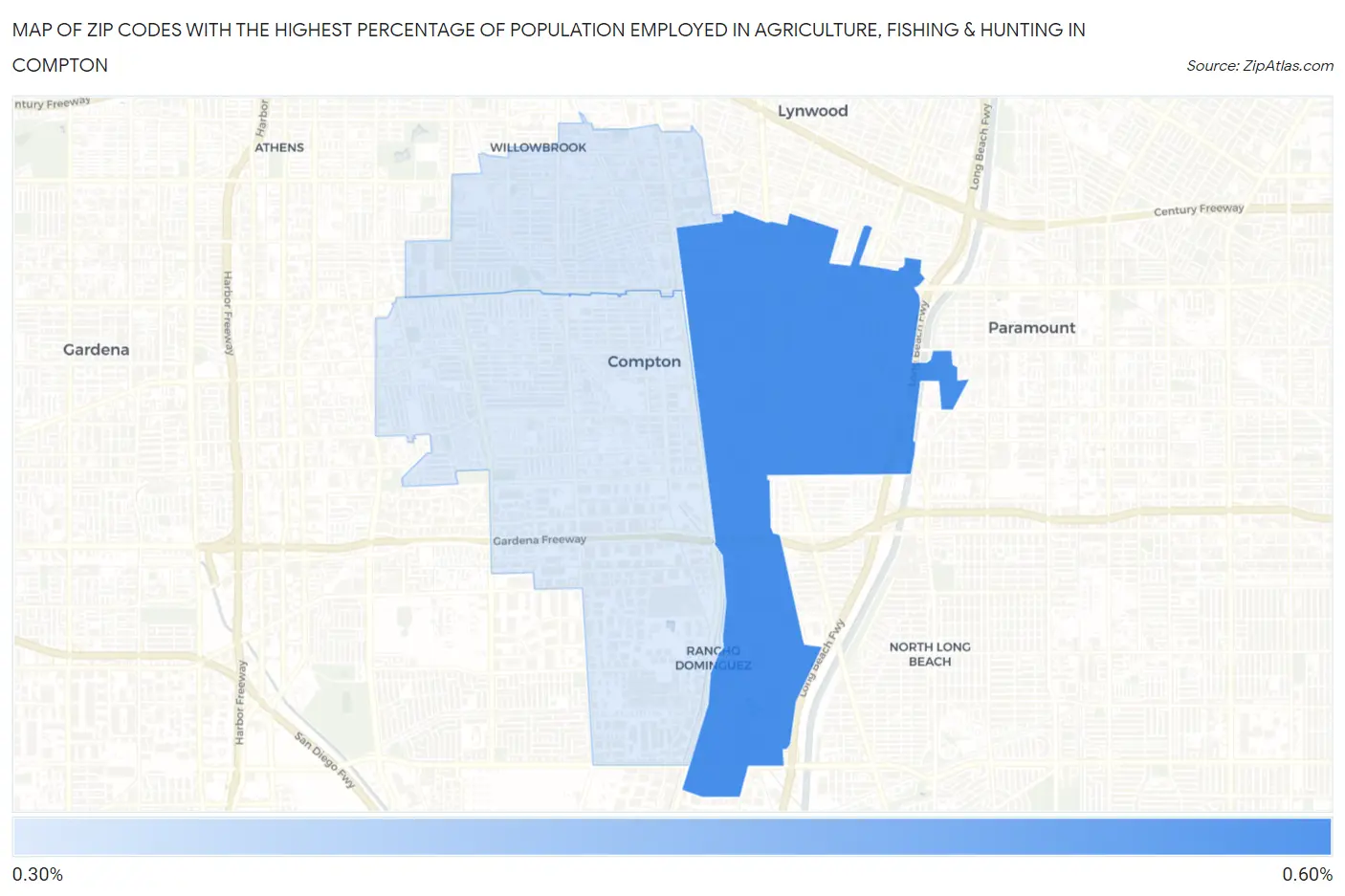 Zip Codes with the Highest Percentage of Population Employed in Agriculture, Fishing & Hunting in Compton Map