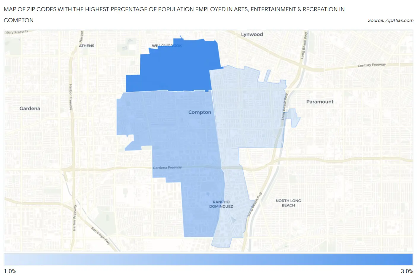 Zip Codes with the Highest Percentage of Population Employed in Arts, Entertainment & Recreation in Compton Map