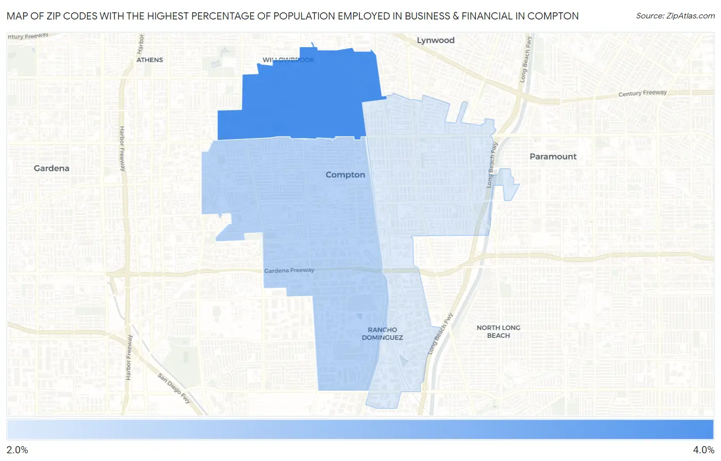 Zip Codes with the Highest Percentage of Population Employed in Business & Financial in Compton Map