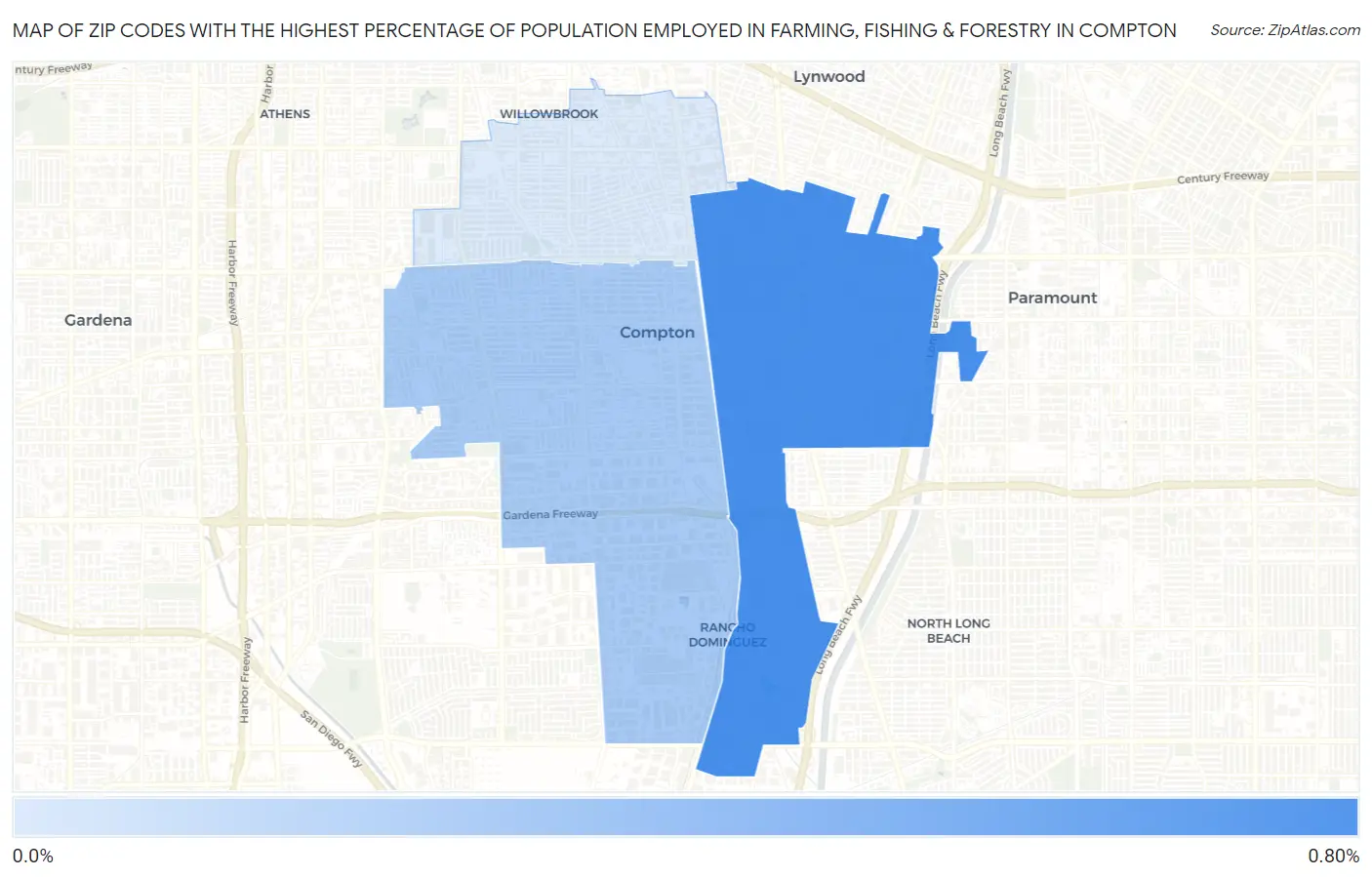 Zip Codes with the Highest Percentage of Population Employed in Farming, Fishing & Forestry in Compton Map