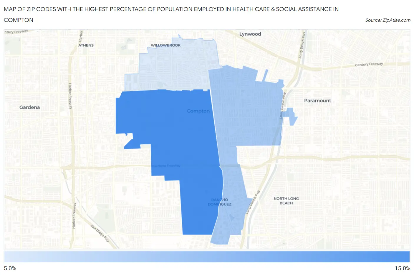 Zip Codes with the Highest Percentage of Population Employed in Health Care & Social Assistance in Compton Map