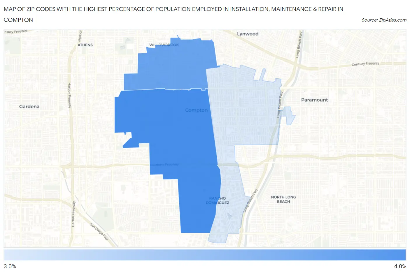 Zip Codes with the Highest Percentage of Population Employed in Installation, Maintenance & Repair in Compton Map