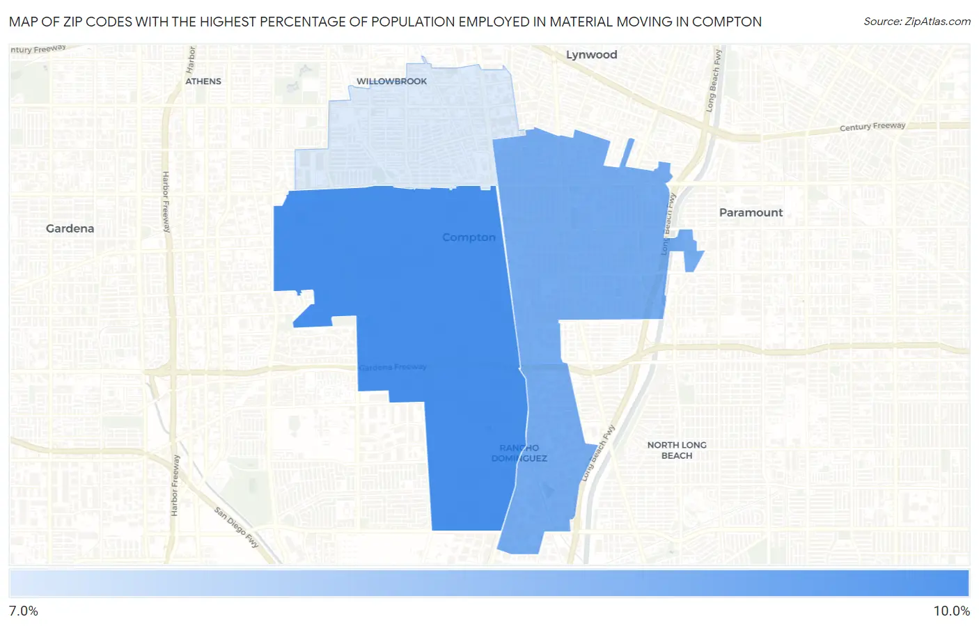Zip Codes with the Highest Percentage of Population Employed in Material Moving in Compton Map