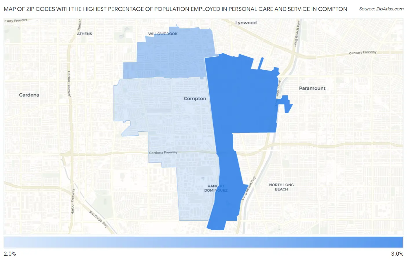 Zip Codes with the Highest Percentage of Population Employed in Personal Care and Service in Compton Map