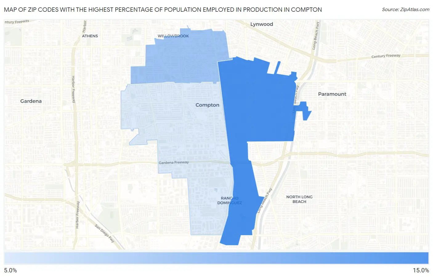 Zip Codes with the Highest Percentage of Population Employed in Production in Compton Map