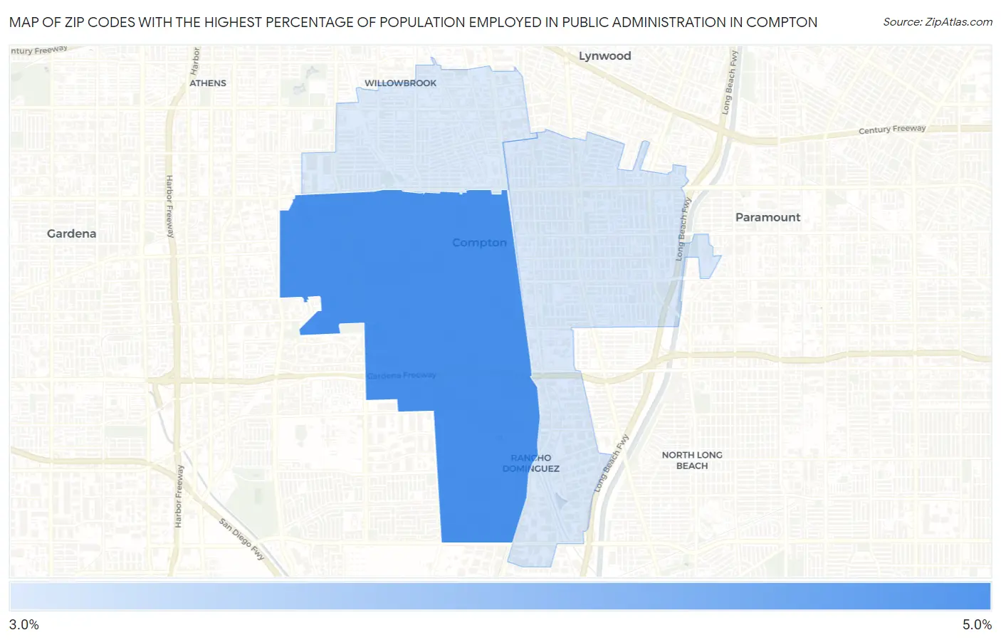 Zip Codes with the Highest Percentage of Population Employed in Public Administration in Compton Map