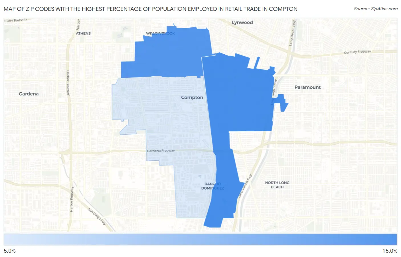 Zip Codes with the Highest Percentage of Population Employed in Retail Trade in Compton Map