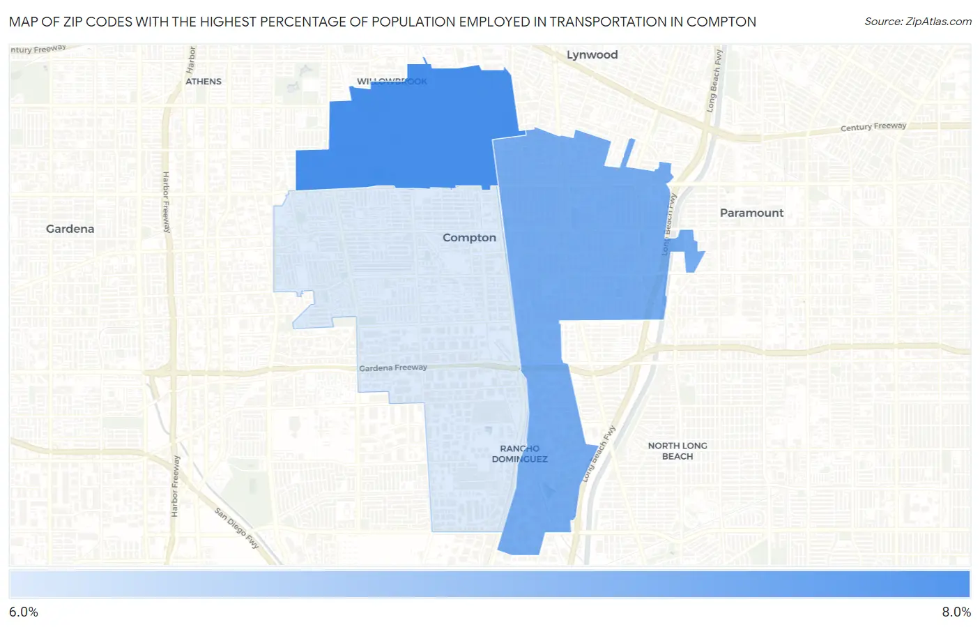 Zip Codes with the Highest Percentage of Population Employed in Transportation in Compton Map