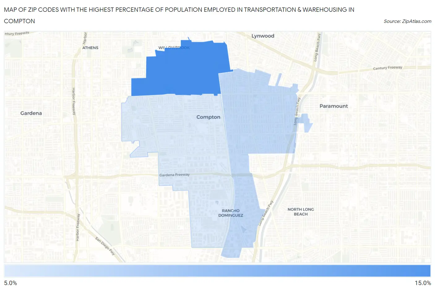 Zip Codes with the Highest Percentage of Population Employed in Transportation & Warehousing in Compton Map