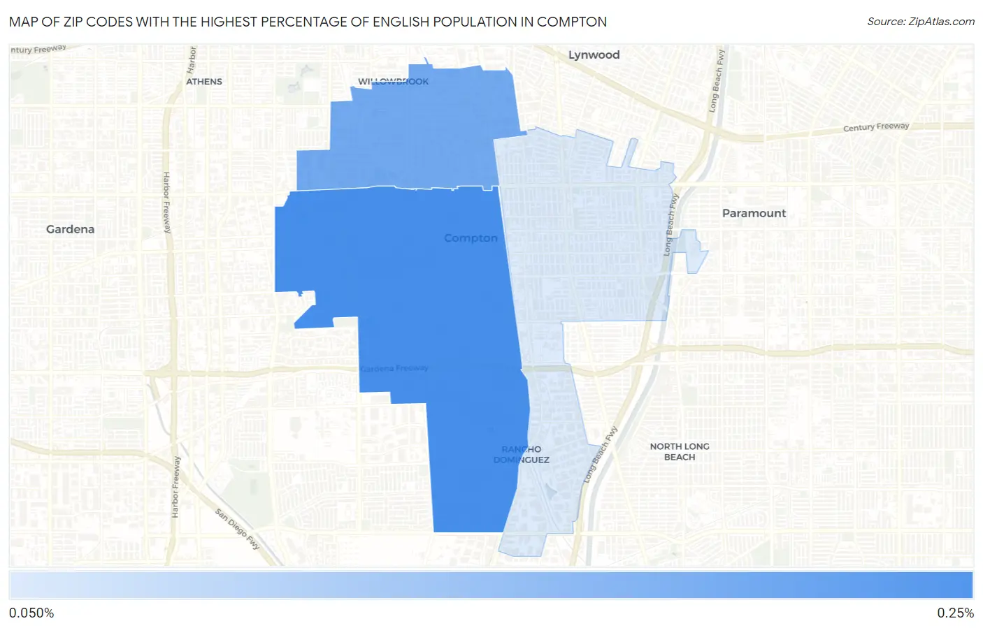 Zip Codes with the Highest Percentage of English Population in Compton Map