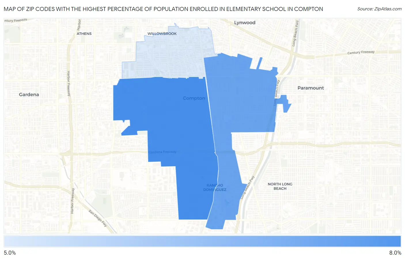Zip Codes with the Highest Percentage of Population Enrolled in Elementary School in Compton Map