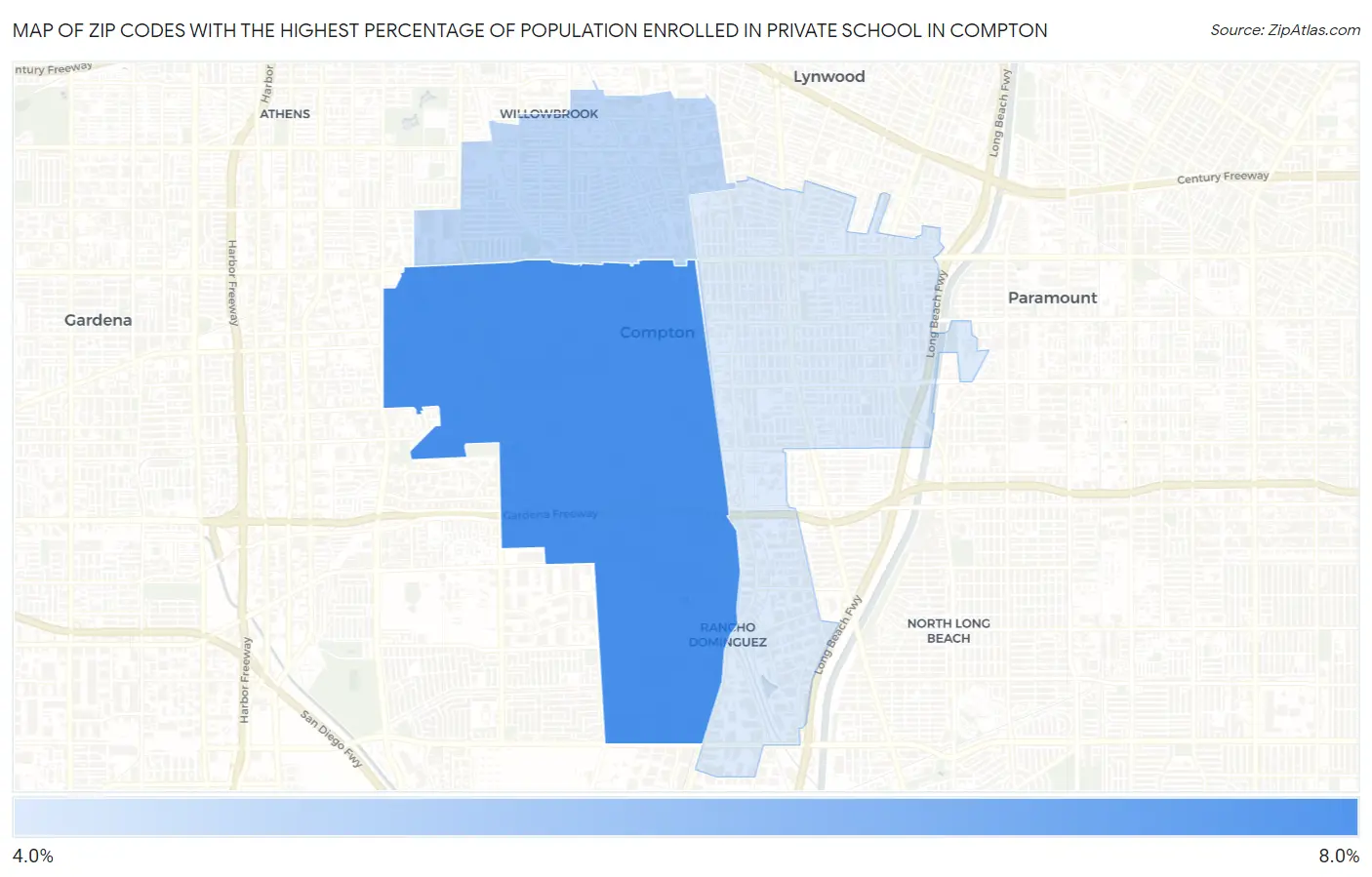 Zip Codes with the Highest Percentage of Population Enrolled in Private School in Compton Map