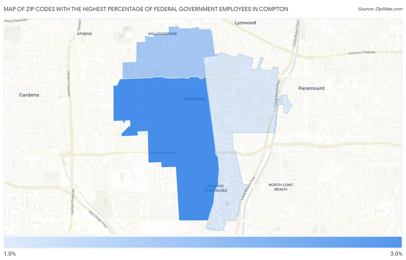 Zip Codes with the Highest Percentage of Federal Government Employees in Compton Map
