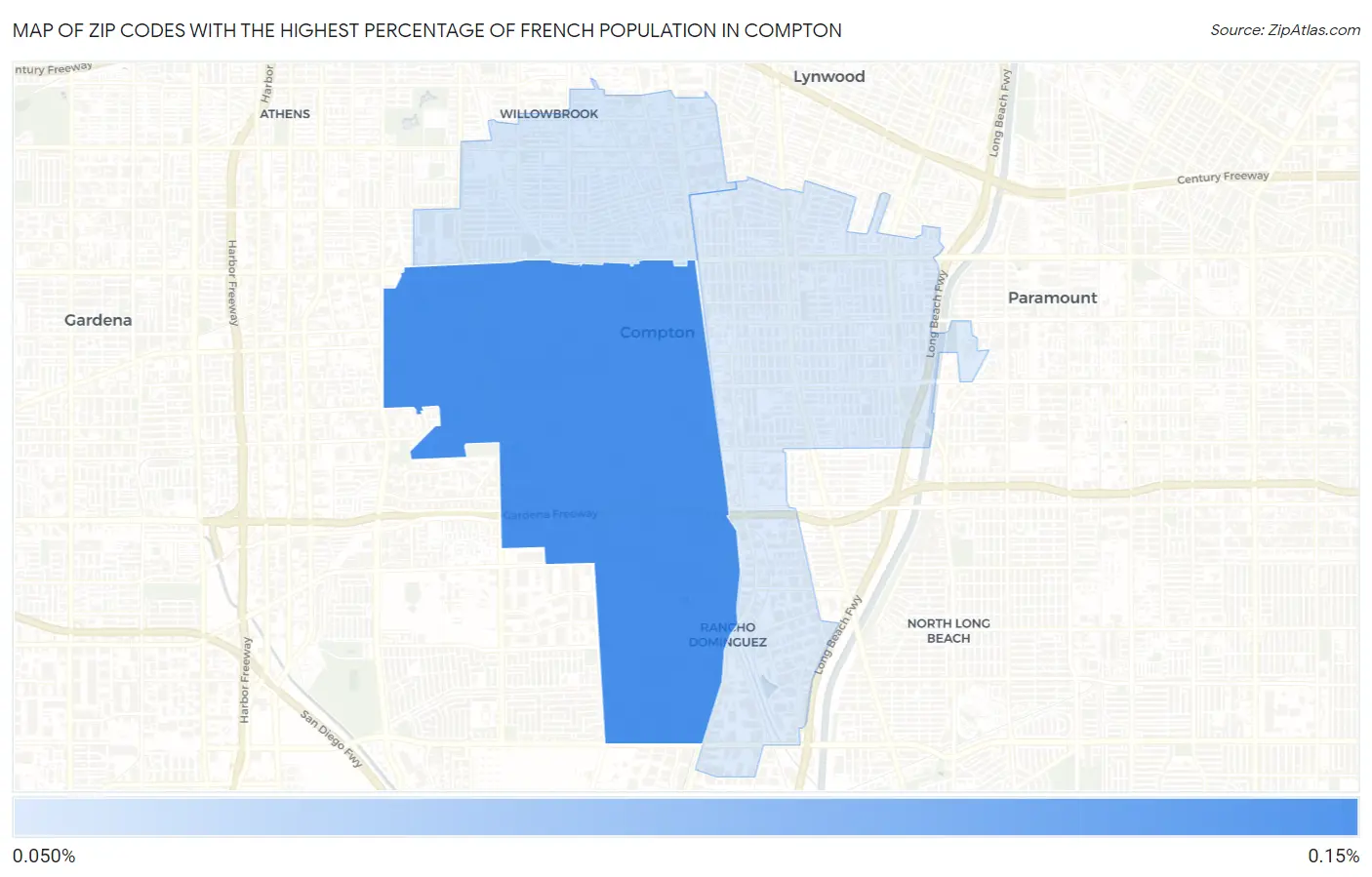 Zip Codes with the Highest Percentage of French Population in Compton Map