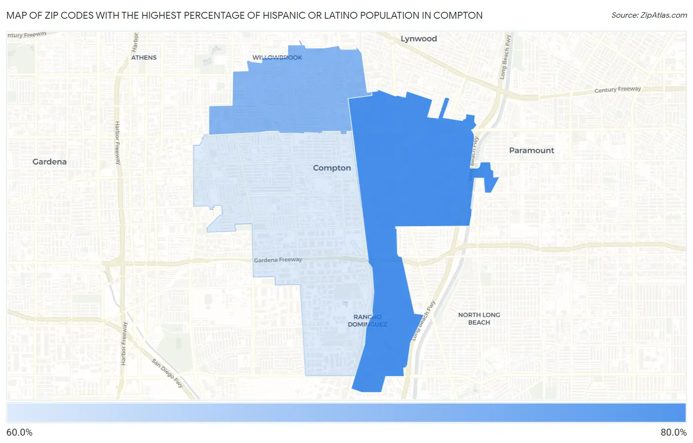 Zip Codes with the Highest Percentage of Hispanic or Latino Population in Compton Map