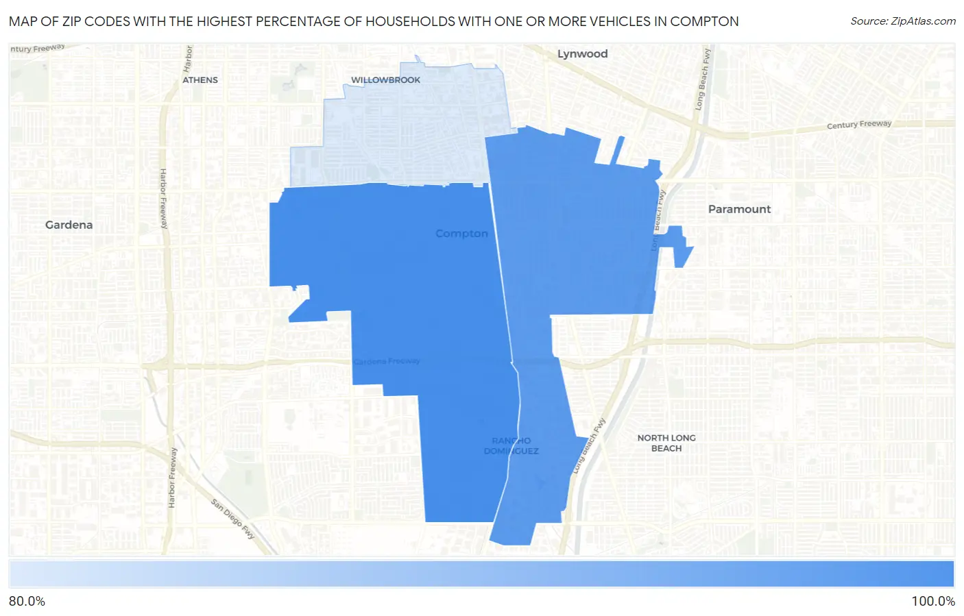 Zip Codes with the Highest Percentage of Households With One or more Vehicles in Compton Map