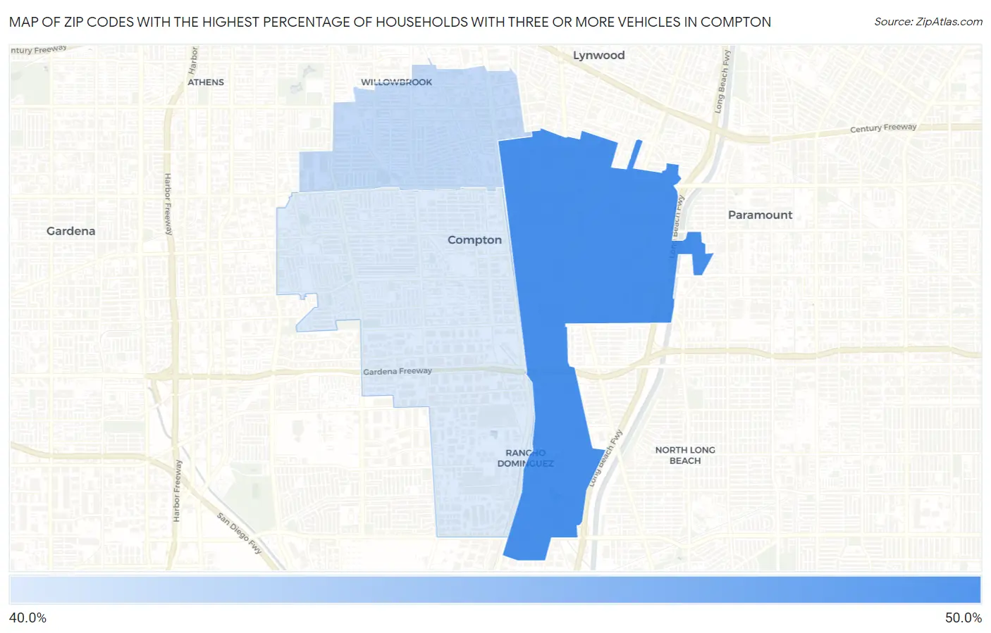 Zip Codes with the Highest Percentage of Households With Three or more Vehicles in Compton Map