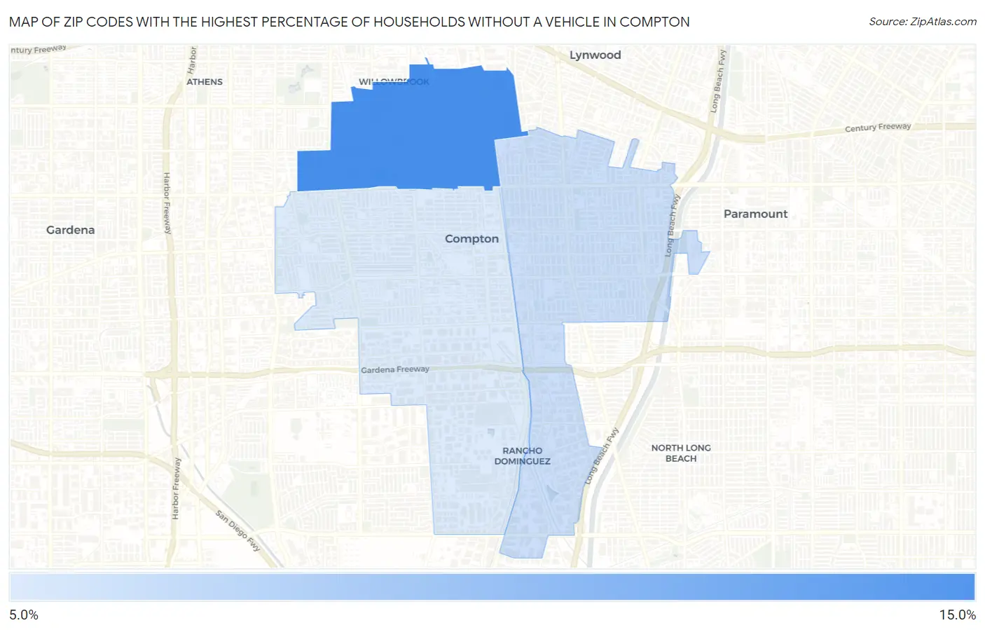 Zip Codes with the Highest Percentage of Households Without a Vehicle in Compton Map