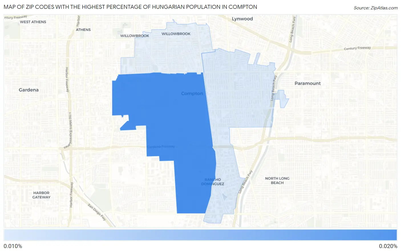 Zip Codes with the Highest Percentage of Hungarian Population in Compton Map