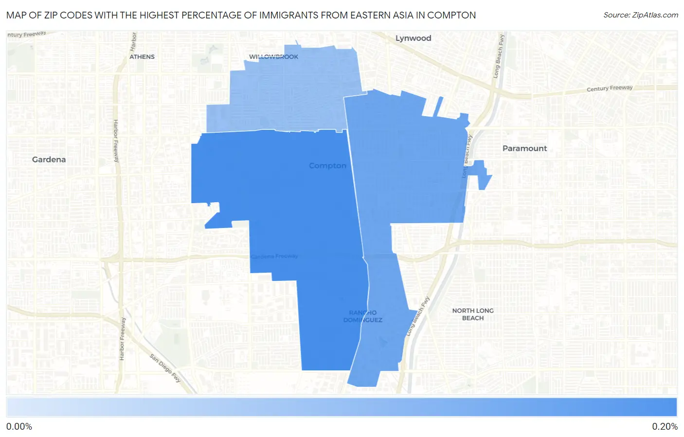 Zip Codes with the Highest Percentage of Immigrants from Eastern Asia in Compton Map