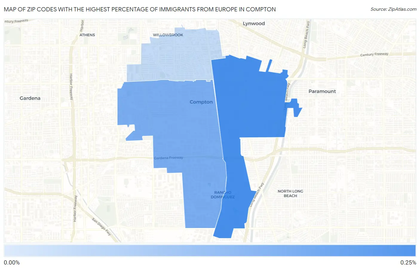 Zip Codes with the Highest Percentage of Immigrants from Europe in Compton Map