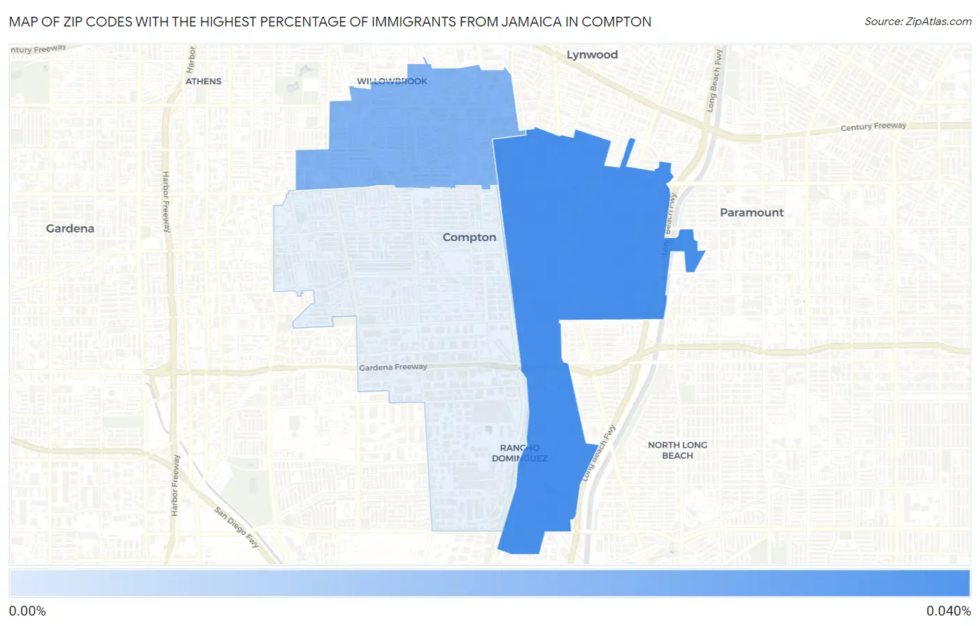 Zip Codes with the Highest Percentage of Immigrants from Jamaica in Compton Map
