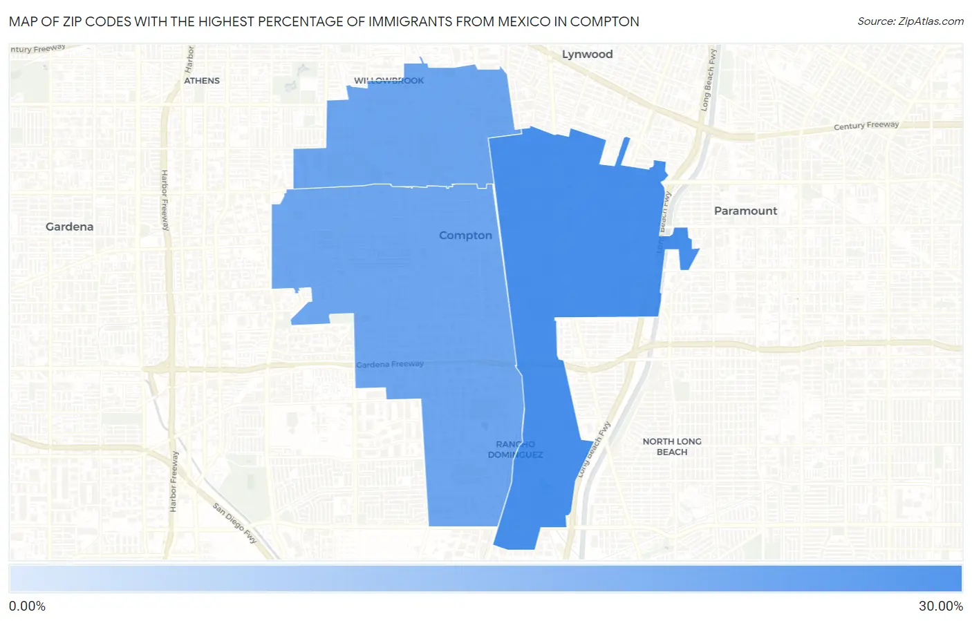 Zip Codes with the Highest Percentage of Immigrants from Mexico in Compton Map