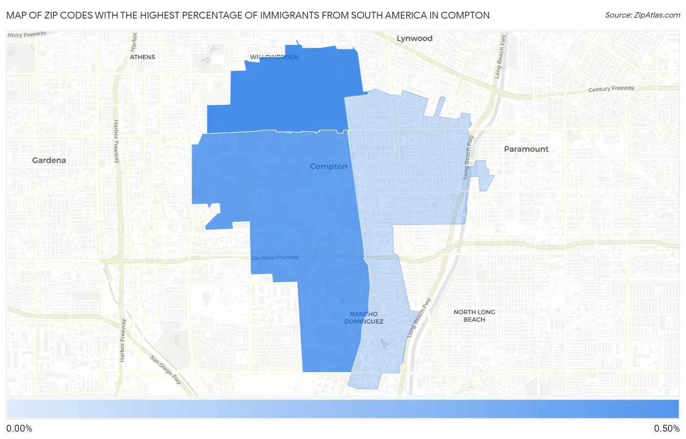 Zip Codes with the Highest Percentage of Immigrants from South America in Compton Map