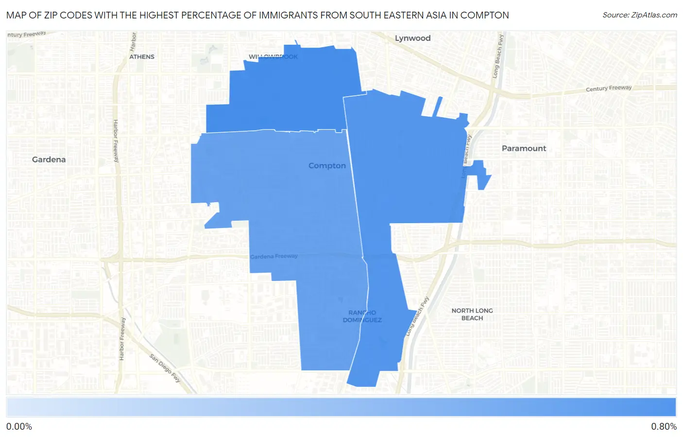 Zip Codes with the Highest Percentage of Immigrants from South Eastern Asia in Compton Map