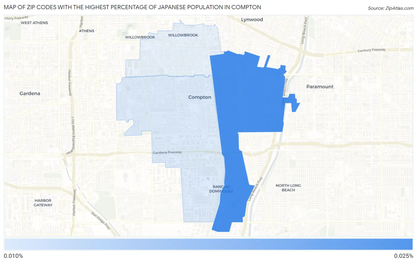 Zip Codes with the Highest Percentage of Japanese Population in Compton Map
