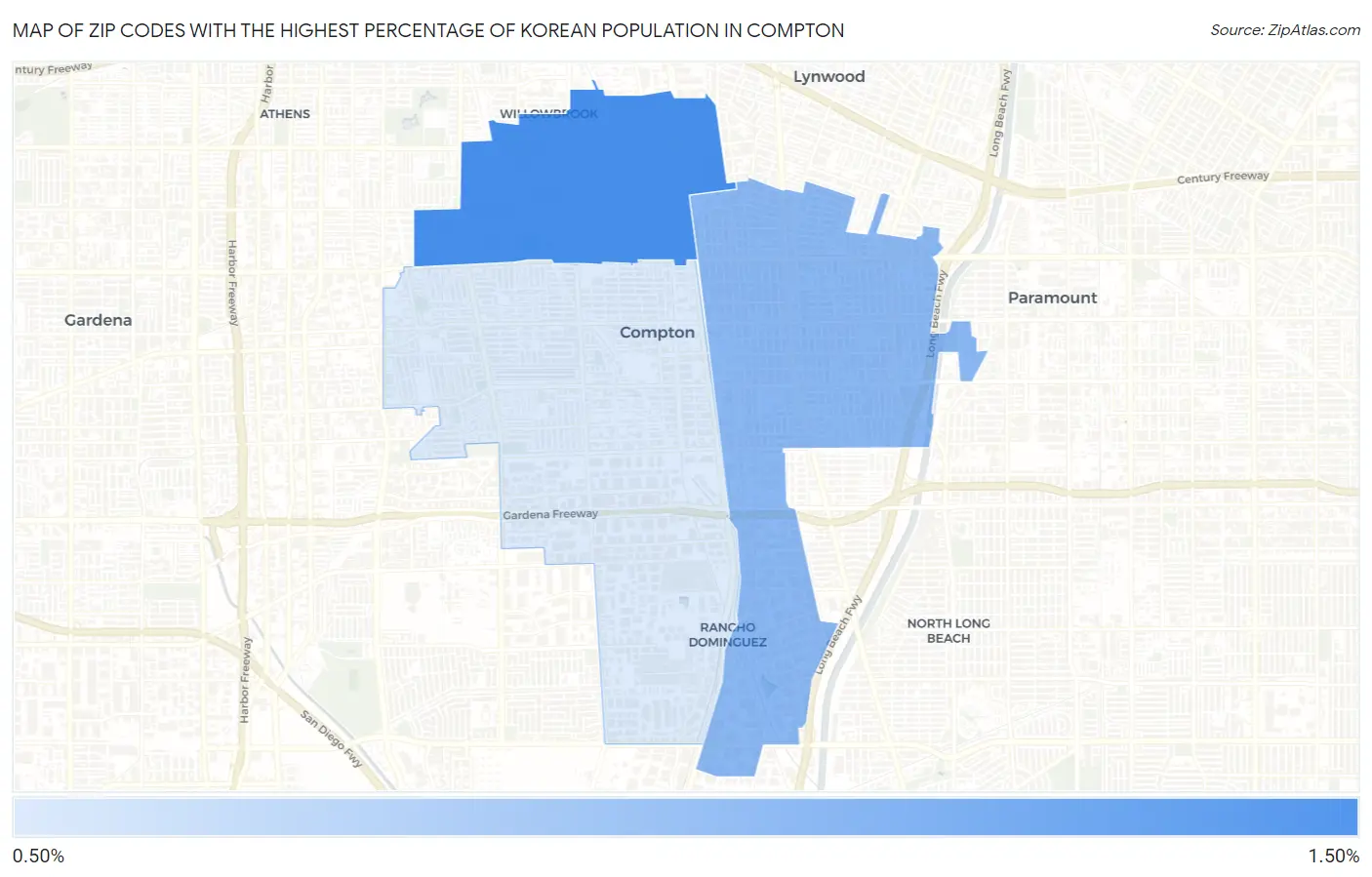 Zip Codes with the Highest Percentage of Korean Population in Compton Map