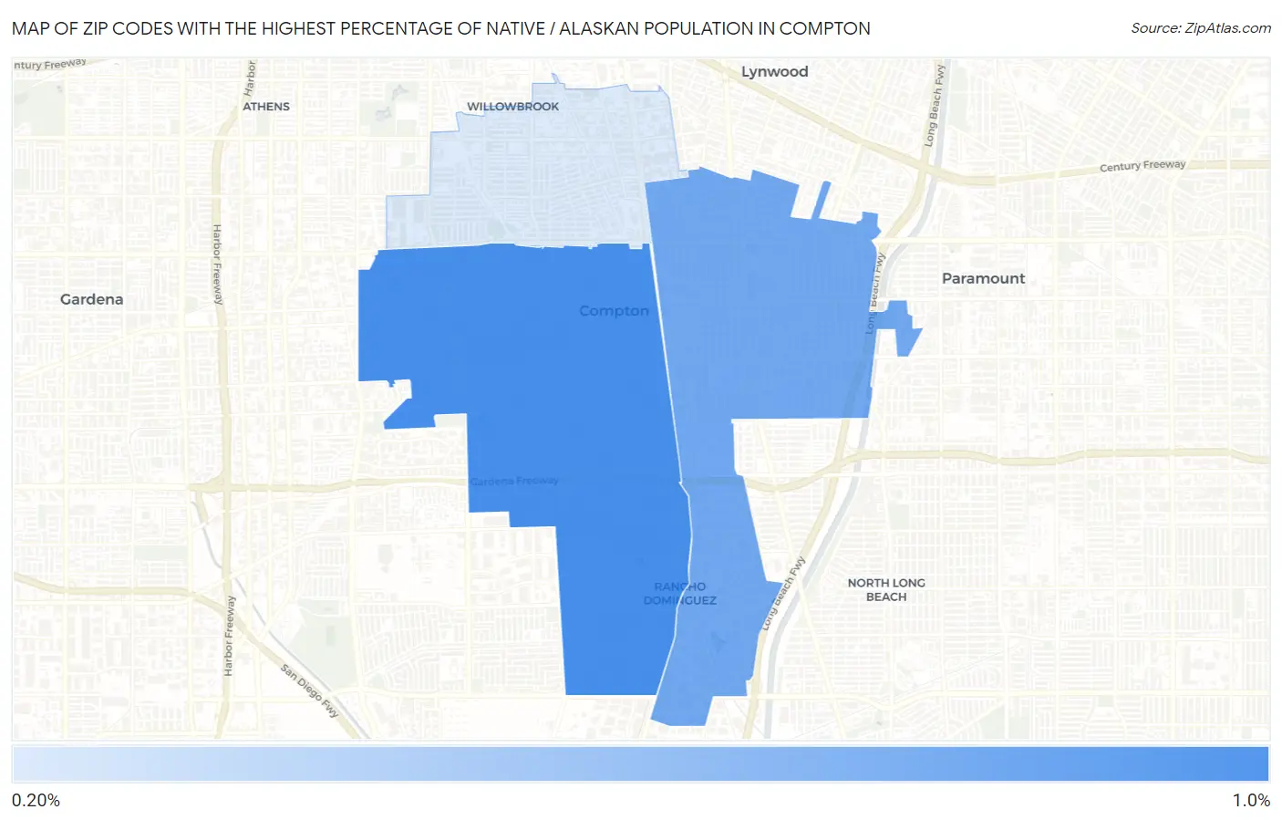 Zip Codes with the Highest Percentage of Native / Alaskan Population in Compton Map