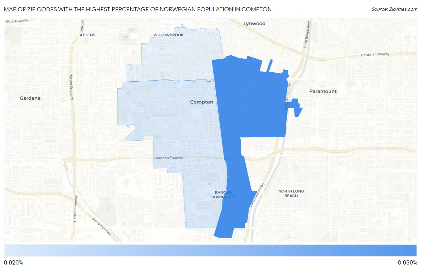 Zip Codes with the Highest Percentage of Norwegian Population in Compton Map